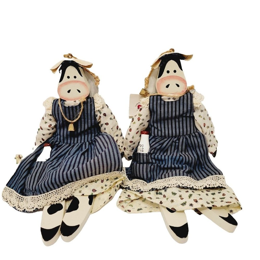 Vtg Tender Heart Jointed legs Arms Dress Wearing Wood Cut out Cows Country Decor